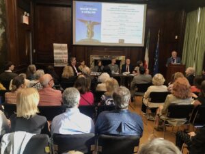 A large crowd viewing a panel at the book launch of the English translation of Emma and the Angel of Central Park
